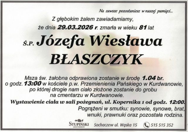 Nekrolog Zakład Pogrzebowy Stupiński Sochaczew - Józefa Błaszczyk