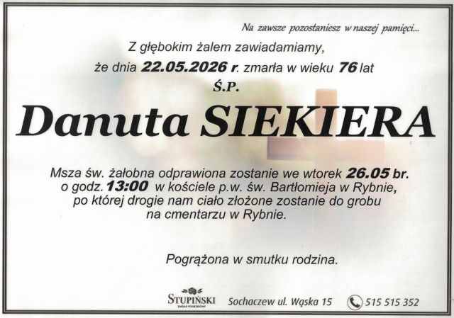 Nekrolog Zakład Pogrzebowy Stupiński Sochaczew - Danuta Siekiera
