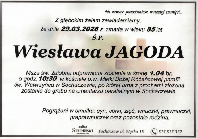 Nekrolog Zakład Pogrzebowy Stupiński Sochaczew - Wiesława Jagoda