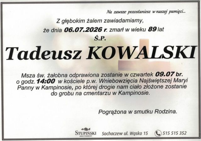 Nekrolog Zakład Pogrzebowy Stupiński Sochaczew - Tadeusz Kowalski