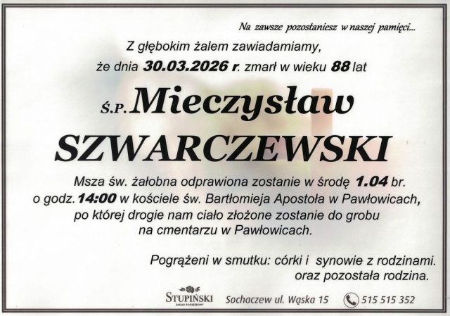 Nekrolog Zakład Pogrzebowy Stupiński Sochaczew - Mieczysław Szwarczewski