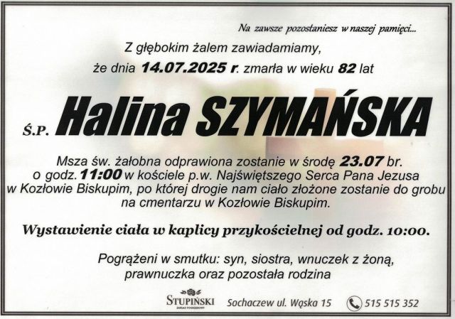 Nekrolog Zakład Pogrzebowy Stupiński Sochaczew - Halina Szymańska