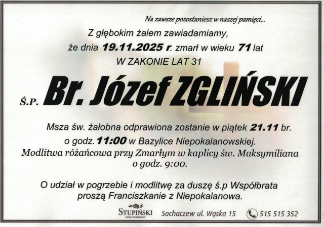 Nekrolog Zakład Pogrzebowy Stupiński Sochaczew - Józef Zgliński