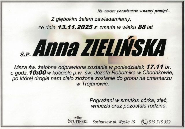 Nekrolog Zakład Pogrzebowy Stupiński Sochaczew - Anna Zielińska