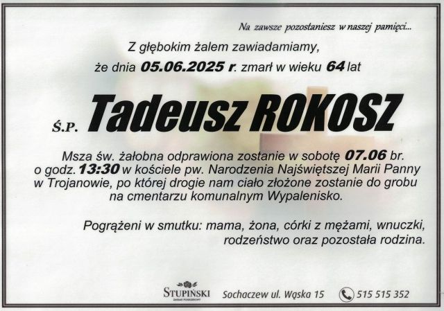 Nekrolog Zakład Pogrzebowy Stupiński Sochaczew - Tadeusz Rokosz