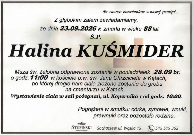 Nekrolog Zakład Pogrzebowy Stupiński Sochaczew - Helena Kuśmider