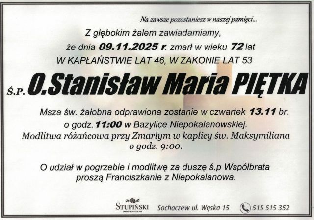 Nekrolog Zakład Pogrzebowy Stupiński Sochaczew - O. Stanisław Maria Piętka