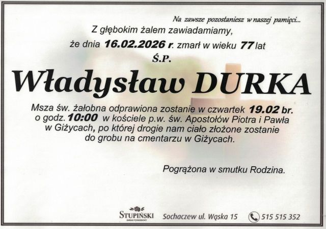 Nekrolog Zakład Pogrzebowy Stupiński Sochaczew - Władysław Durka