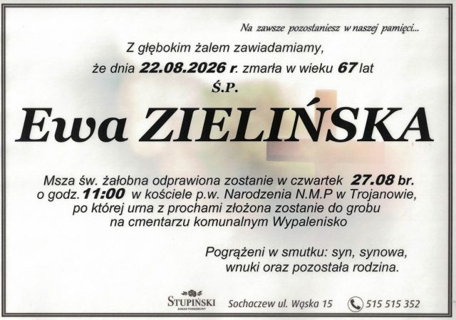 Nekrolog Zakład Pogrzebowy Stupiński Sochaczew - Ewa Zielińska