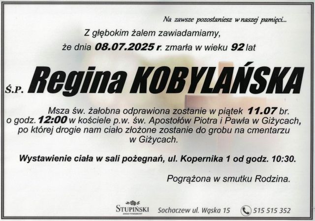 Nekrolog Zakład Pogrzebowy Stupiński Sochaczew - Regina Kobylańska
