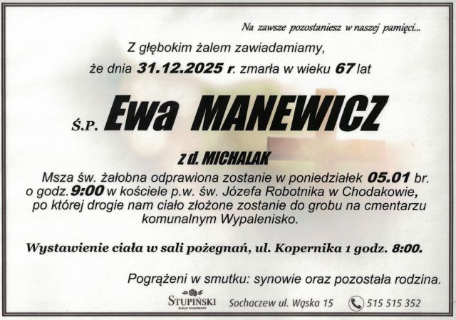 Nekrolog Zakład Pogrzebowy Stupiński Sochaczew - Ewa Manewicz