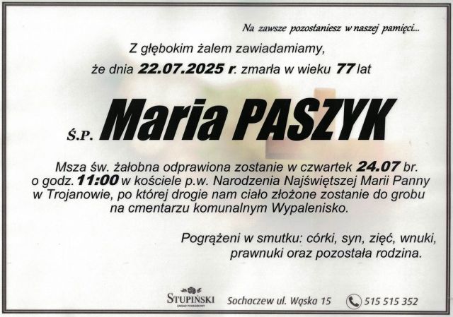 Nekrolog Zakład Pogrzebowy Stupiński Sochaczew - Maria Paszyk