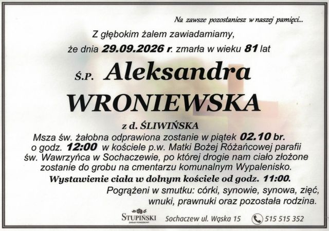 Nekrolog Zakład Pogrzebowy Stupiński Sochaczew - Aleksandra Wroniewska