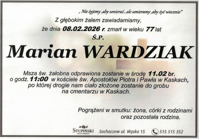 Nekrolog Zakład Pogrzebowy Stupiński Sochaczew - Marian Wardziak