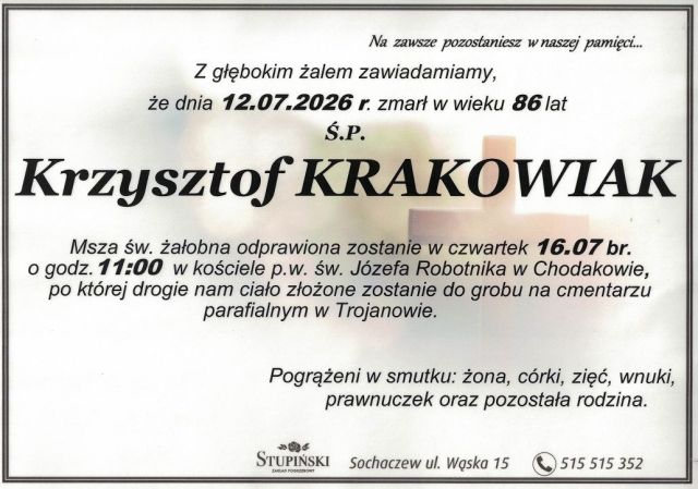 Nekrolog Zakład Pogrzebowy Stupiński Sochaczew - Krzysztof Krakowiak