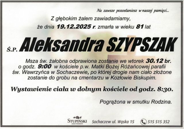 Nekrolog Zakład Pogrzebowy Stupiński Sochaczew - Aleksandra Szypszak