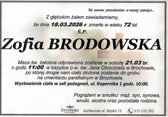 Nekrolog Zakład Pogrzebowy Stupiński Sochaczew - Zofia Brodowska