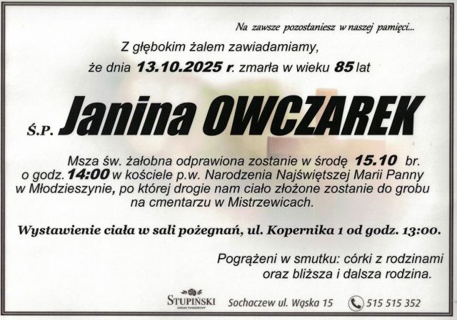 Nekrolog Zakład Pogrzebowy Stupiński Sochaczew - Janina Owczarek