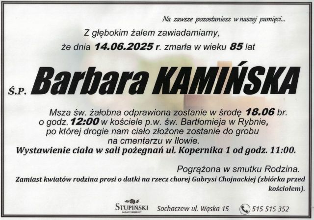 Nekrolog Zakład Pogrzebowy Stupiński Sochaczew - Barbara Kamińska