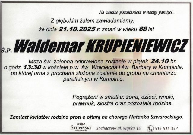 Nekrolog Zakład Pogrzebowy Stupiński Sochaczew - Waldemar Krupieniewicz