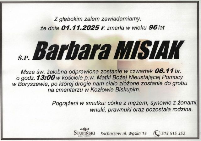 Nekrolog Zakład Pogrzebowy Stupiński Sochaczew - Barbara Misiak
