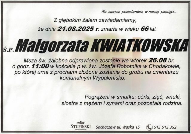 Nekrolog Zakład Pogrzebowy Stupiński Sochaczew - Małgorzata Kwiatkowska